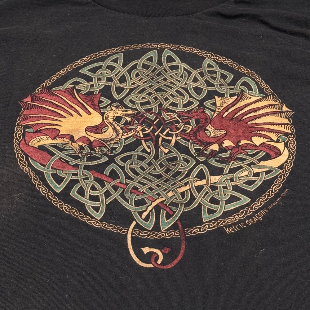 Y2K Vintage 1990 Keltic Designs Jen Delyth Celtic Dragons T-Shirt Black Large